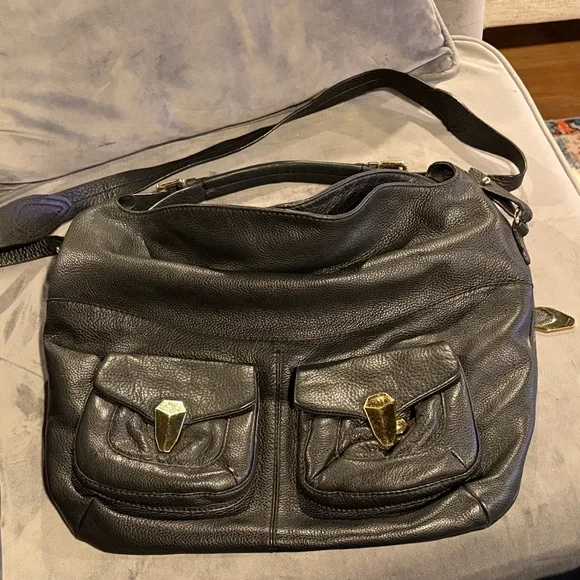 Oryany Black Leather Shoulder Bag with Gold Accents pebble bobo slouch - Picture 1 of 5